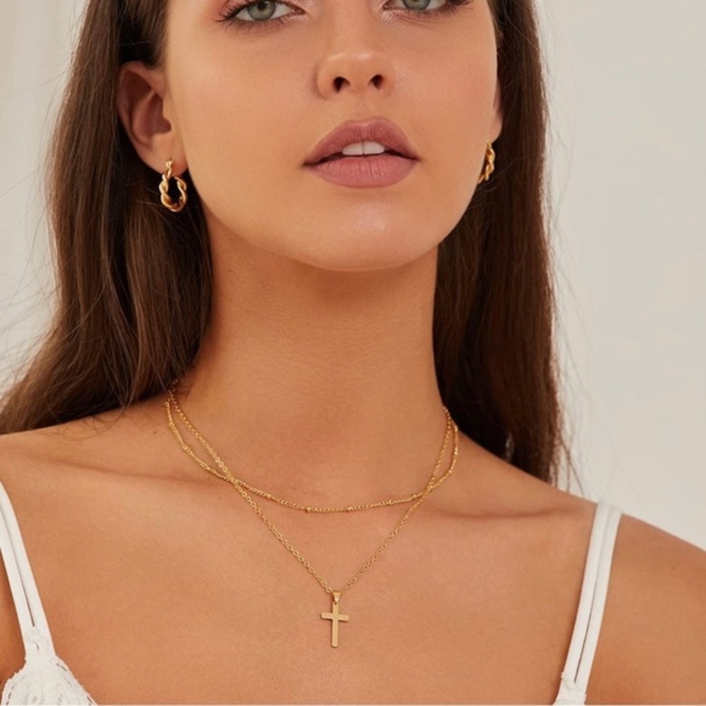 GOLD 14k Plated Cross Layered Necklace